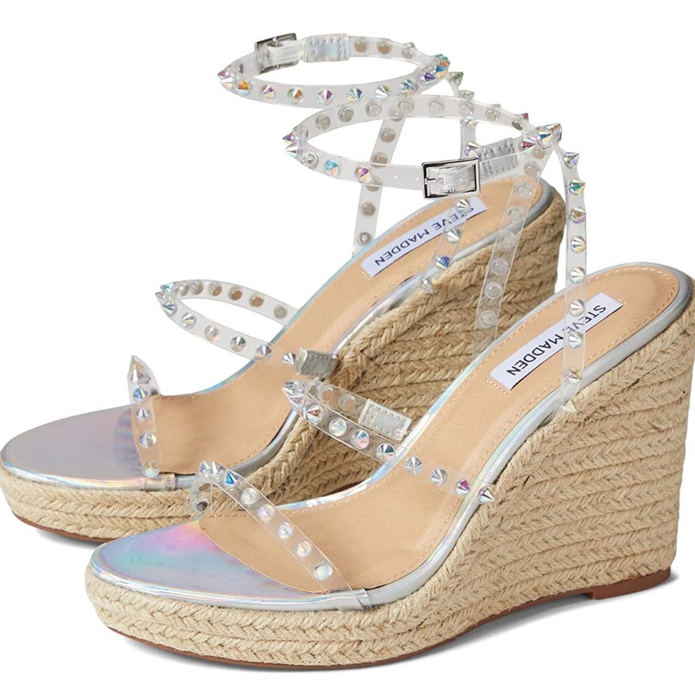 Steve Madden Hazil Clear Straps Iridescent Studded Holographic Espadrille Wedges